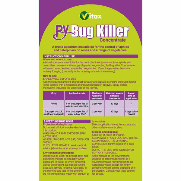 Vitax PY Bug killer concentrate 250ml. Controls aphids and caterpillars on a wide range of plants.